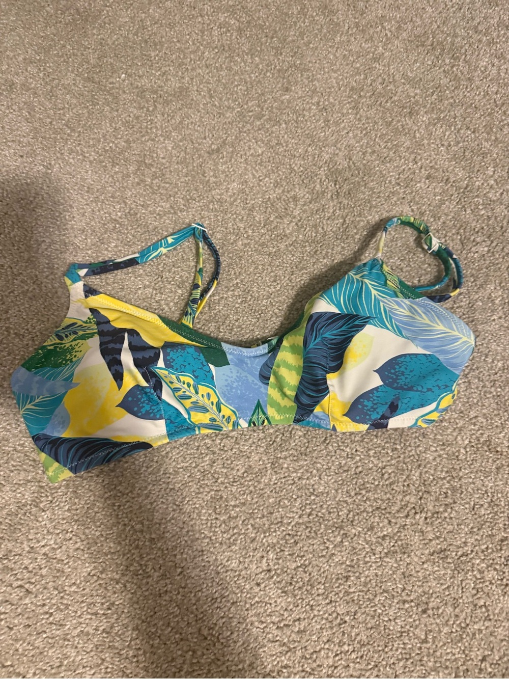 aerie Tropical Leaf Print Bikini Top in Teal, Yellow, Blue